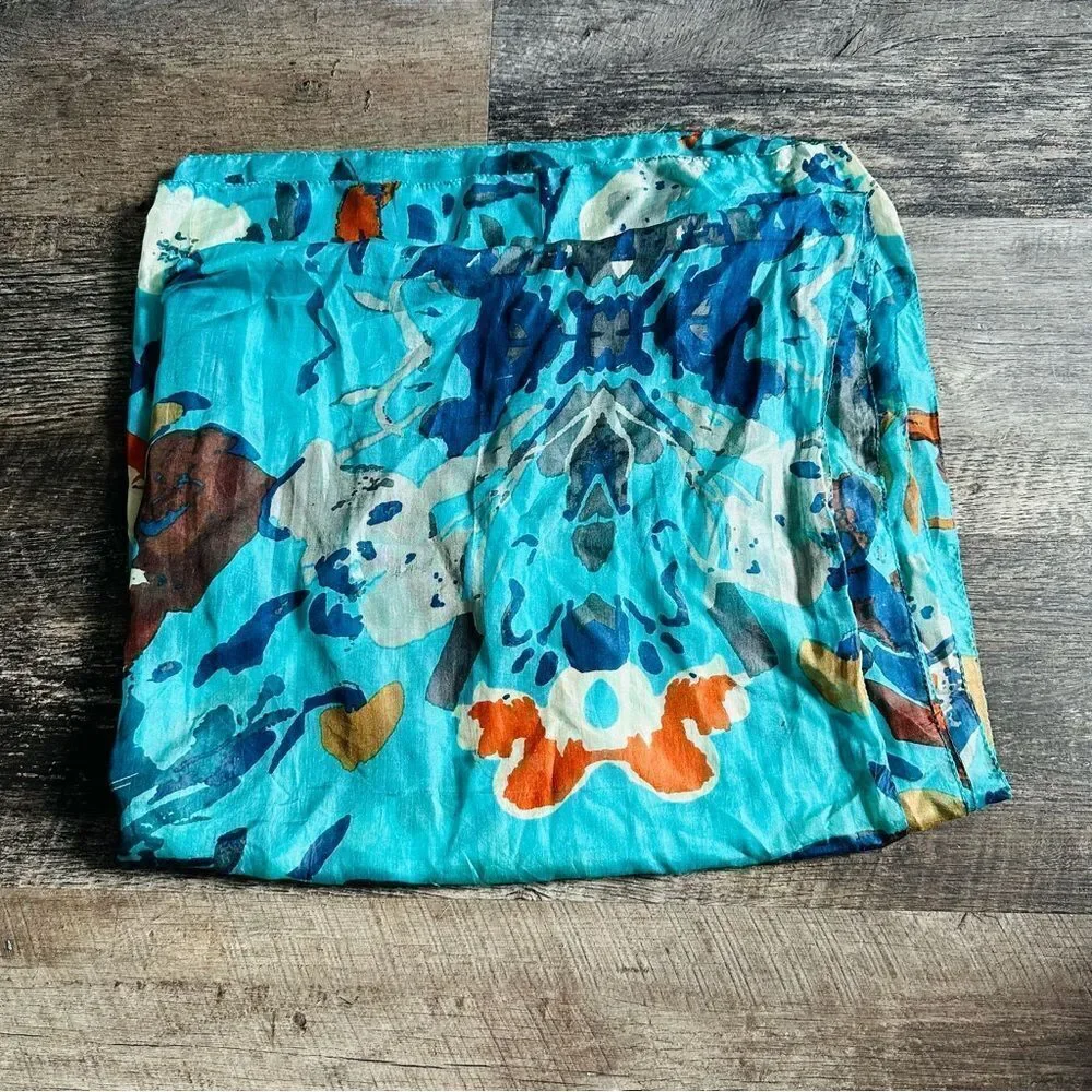 Turquoise Orange Abstract‎ Silk Scarf 65x40 Machine Stitched